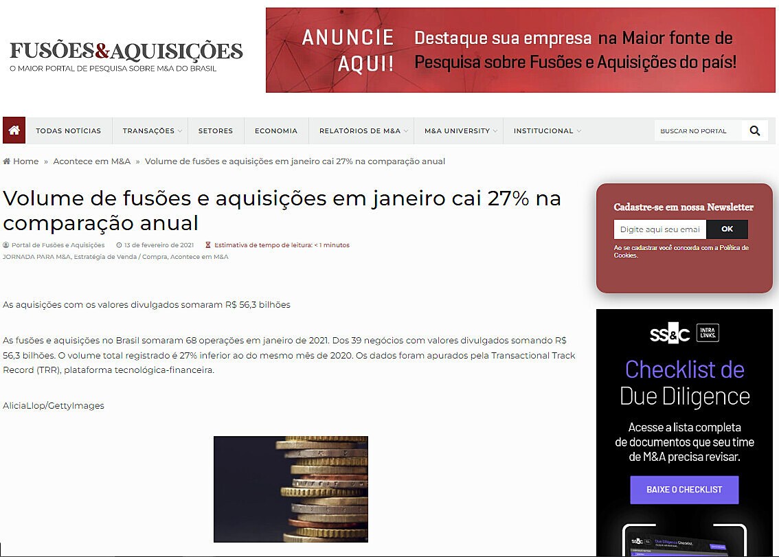 Volume de fuses e aquisies em janeiro cai 27% na comparao anual